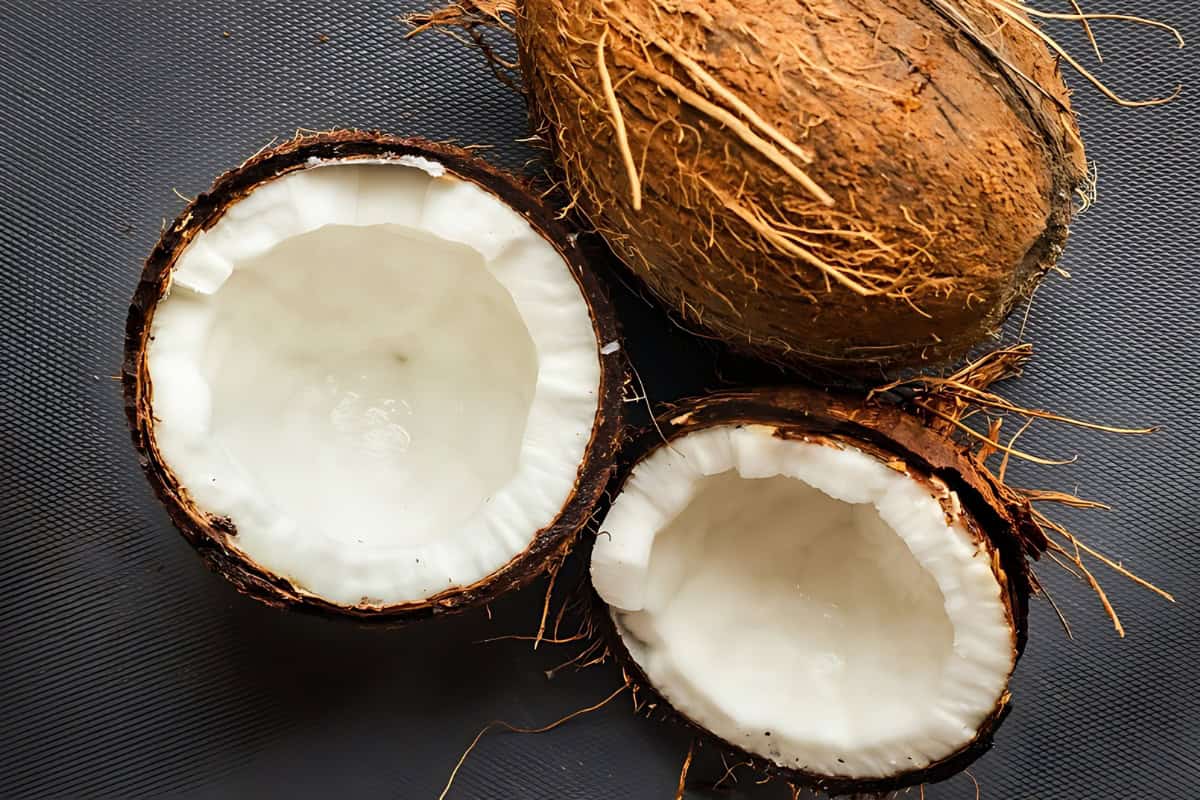 Fresh coconuts cracked in half.