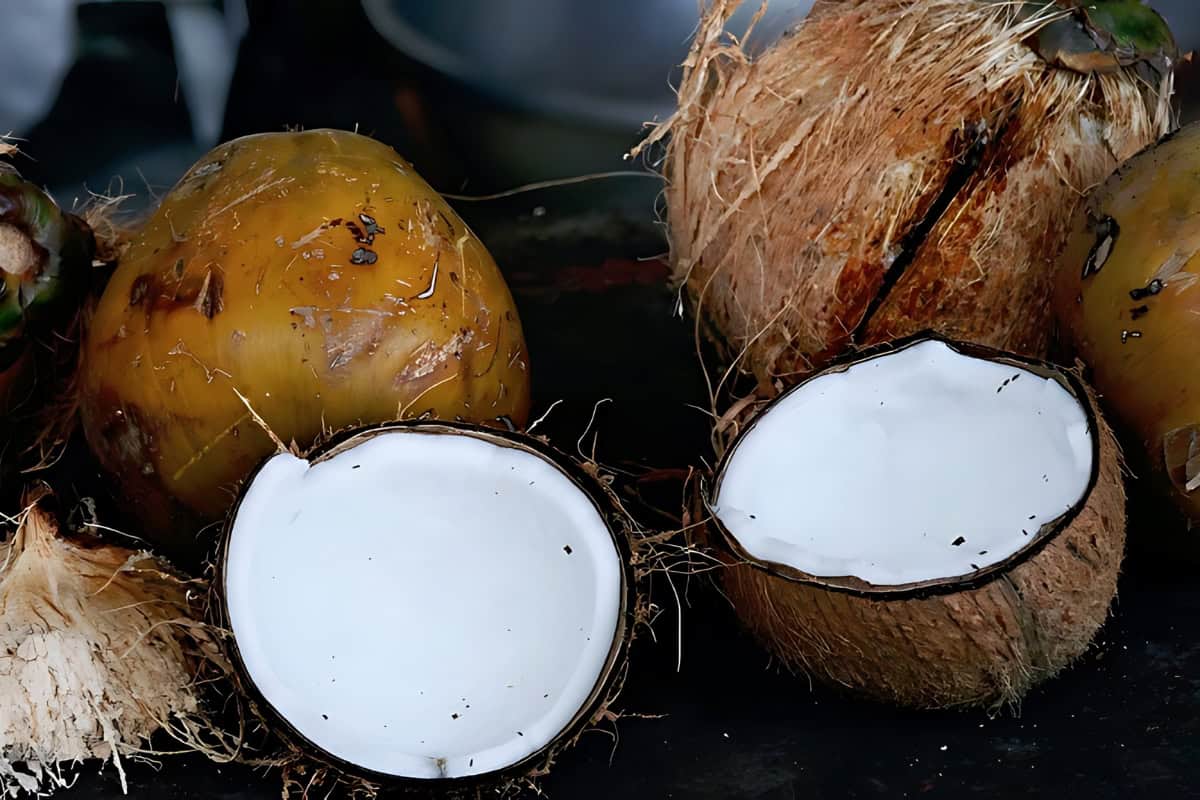 A chopped coconut in half next to a pile of coconuts.