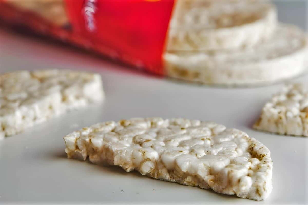 store-bought white rice cake on a flat surface.