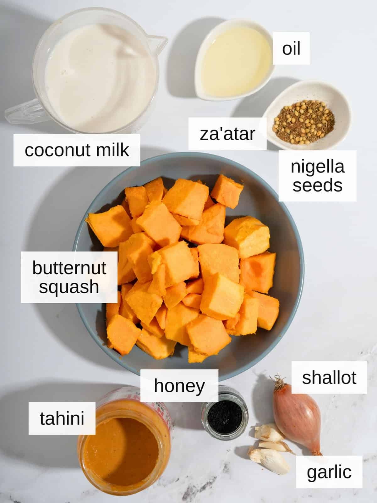 Ingredients for butternut squash tahini soup, including oil, za'atar seasoning, nigella seeds, coconut milk, honey, shallot, garlic, tahini, and butternut squash.