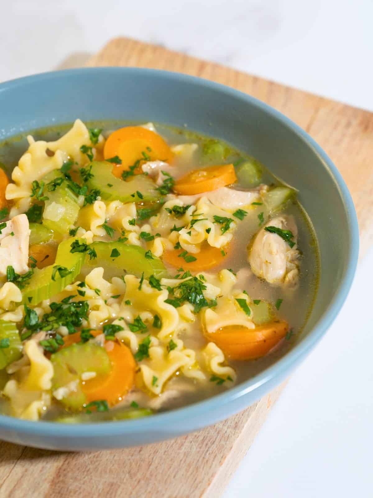 A vibrant bowl of chicken noodle soup, featuring golden broth, tender chicken pieces, and fresh vegetables, ready to be enjoyed.