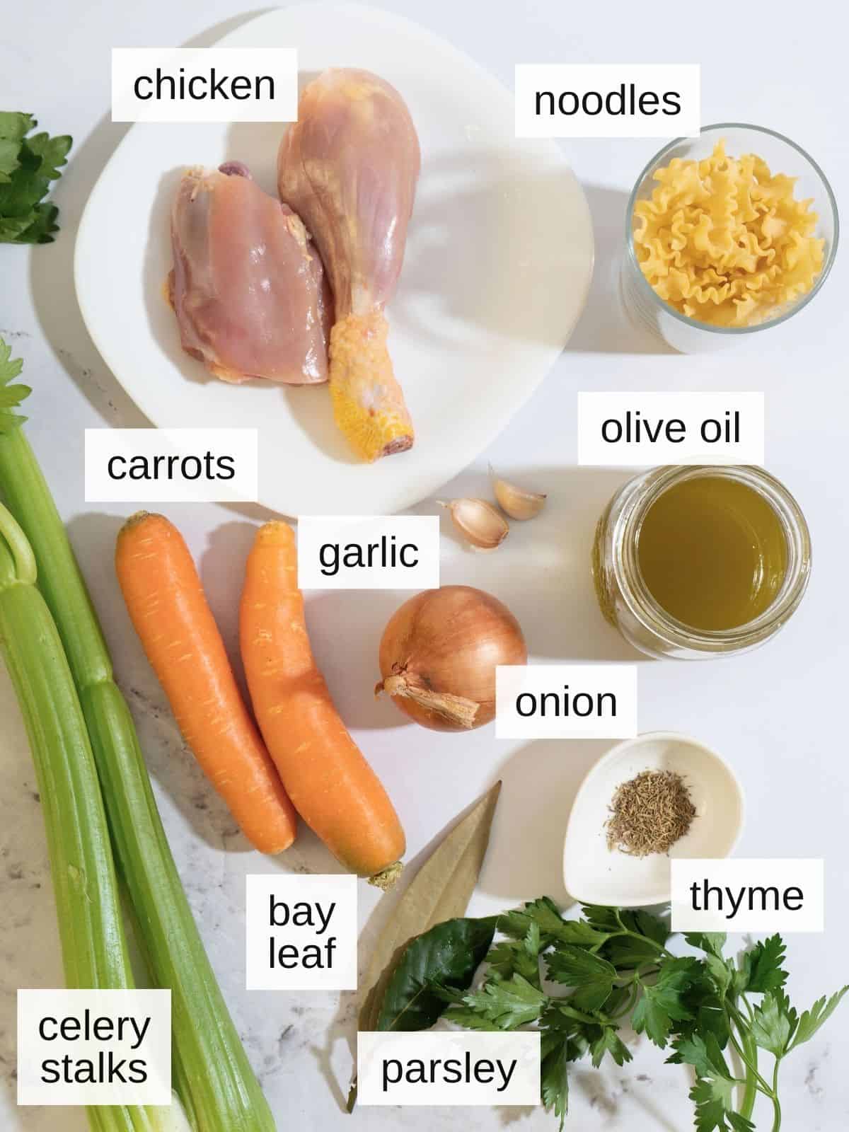 Ingredients for chicken noodle soup, including chicken, noodles, carrots, olive oil, garlic, onion, thyme, celery stalks, bay leaf, and parsley.