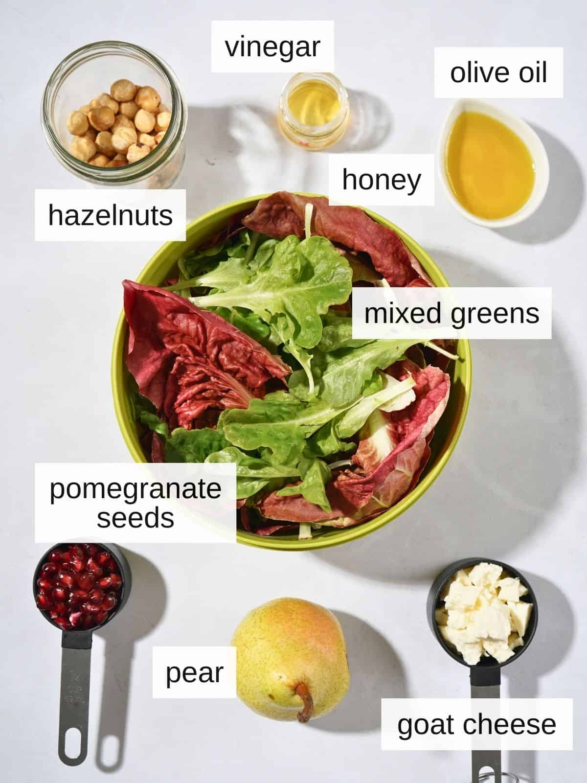Ingredients used for pear and pomegranate salad, including vinegar, olive oil, honey, hazelnuts, mixed greens, pomegranate seeds, pear, and goat cheese.