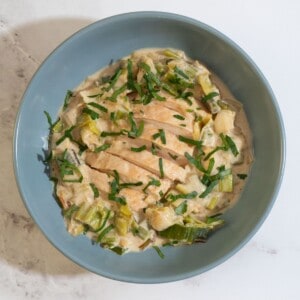 Stovetop leeks with tender chicken in a bowl, topped with fresh herbs for a flavorful, low histamine meal.