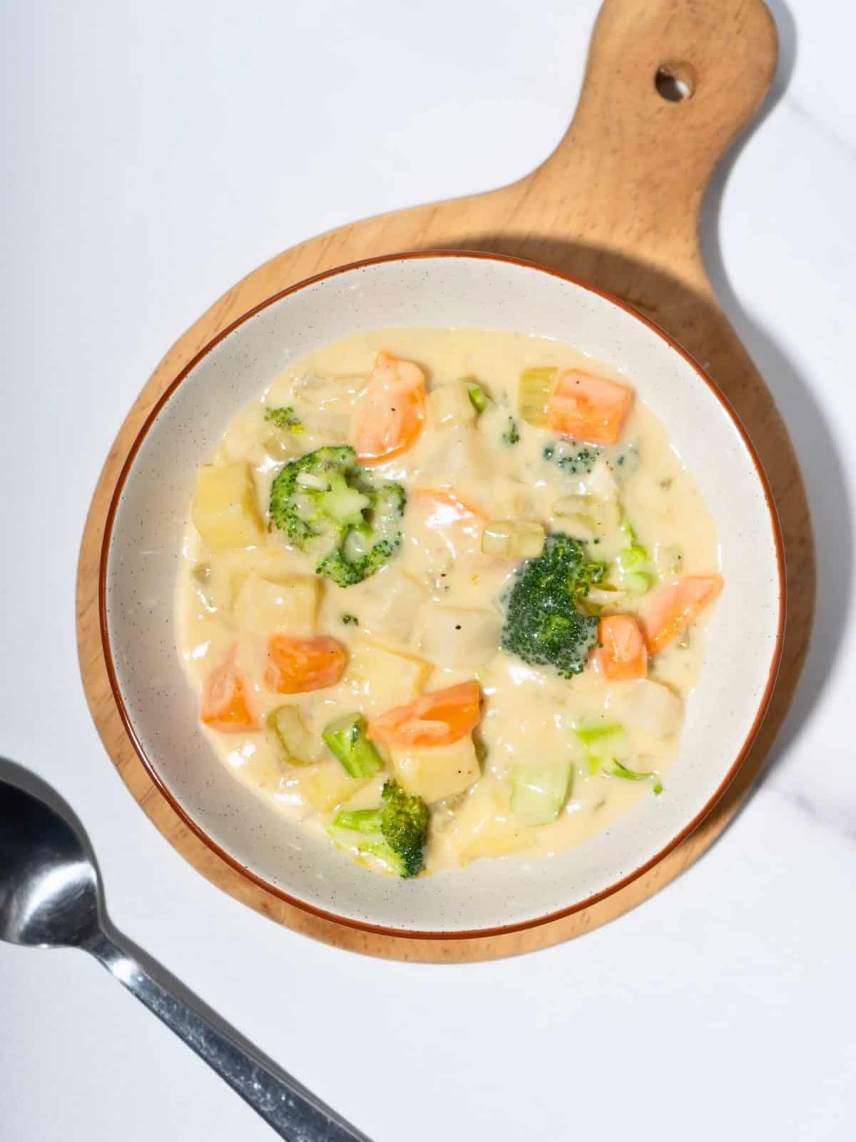 Warm and hearty vegetable stew in a bowl, filled with colorful chunks of vegetables.