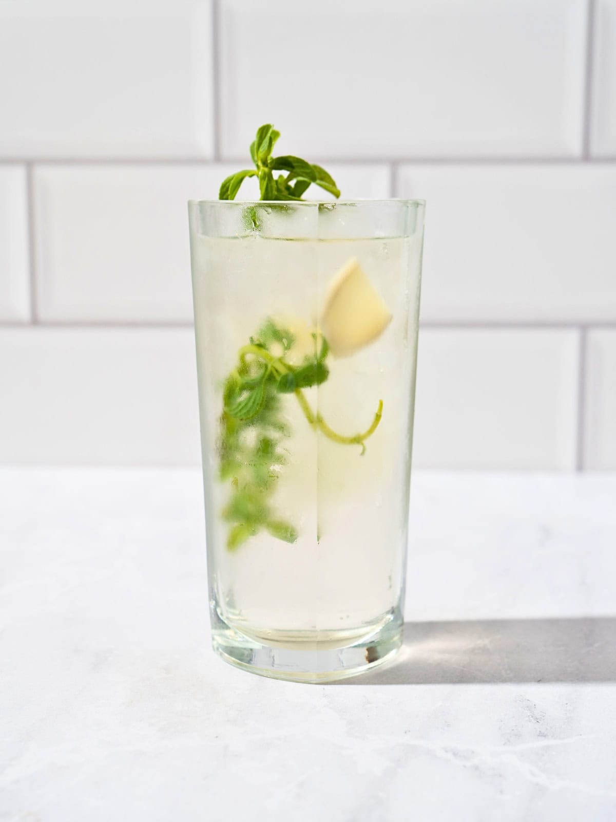 Glass of homemade iced ginger mint tea with fresh mint leaves, ice, and ginger slices.