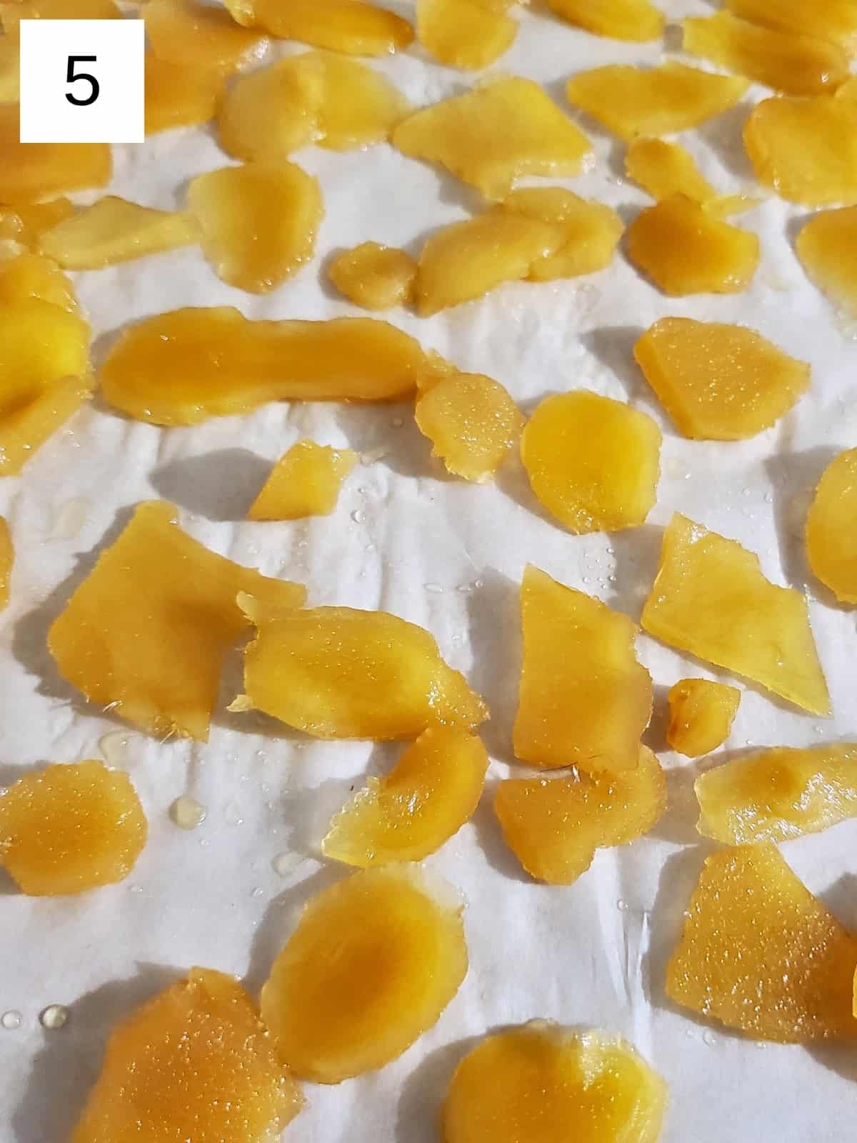 drying out the sliced pieces of ginger on parchment paper.
