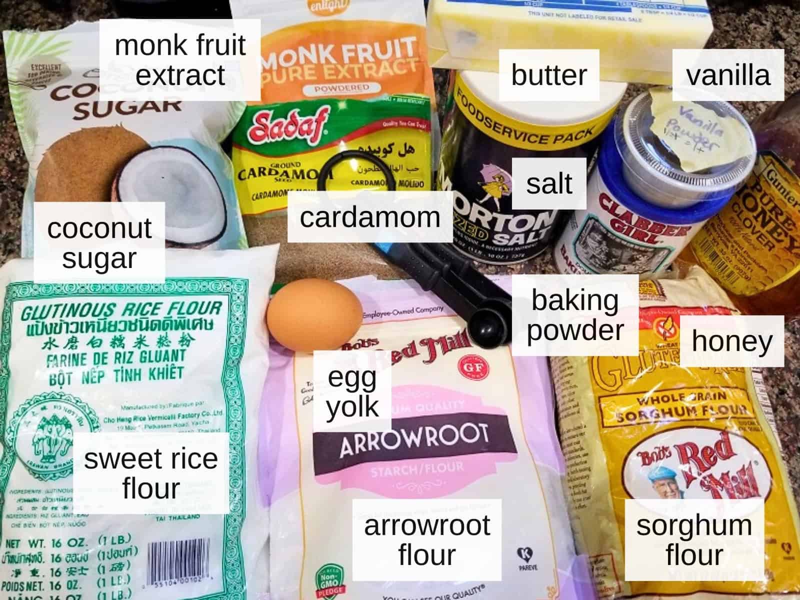 Ingredients used to make Honey Cardamom Cookies, including cardamom and honey, for a gluten-free cookie recipe.