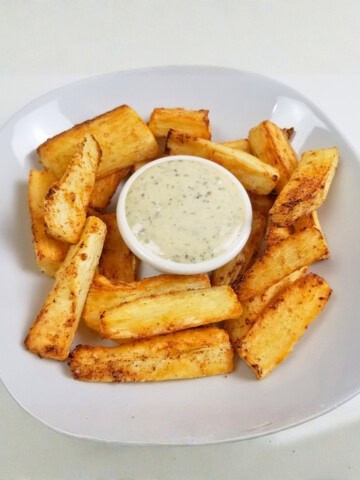 air fried yuca (cassava) fries in a plate.